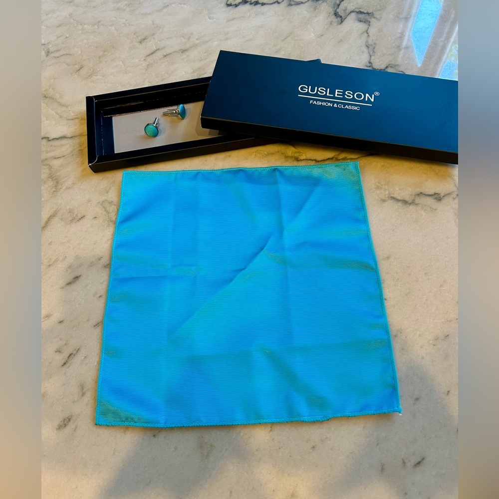 GusleSon Turquoise Blue Pocket Square and Cufflinks Set